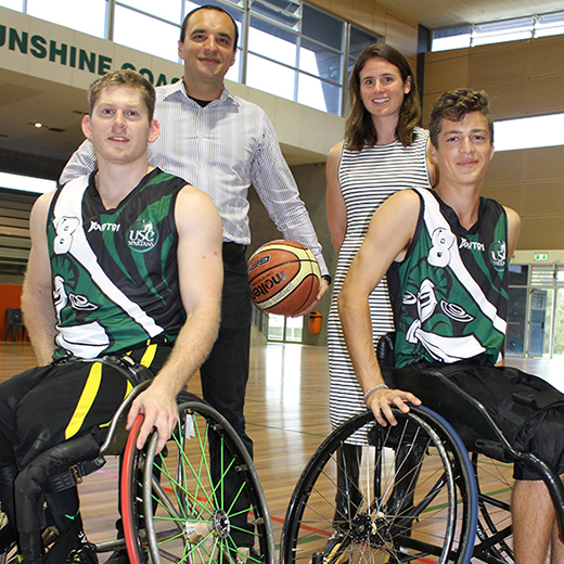 Student athletes Steven Elliott (left) and James Hill (right) with Senior Lecturer in Public Health Dr Florin Oprescu and SEED Stream manager Bridie Kean.