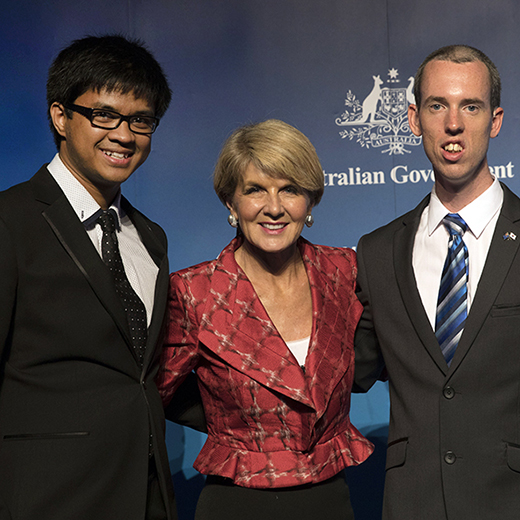 Raymart Walker, left, and Joseph Davies with Foreign Affairs Minister Julie Bishop at the scholarship presentation. Credit DFAT.
