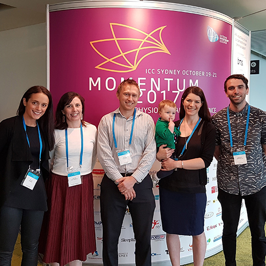 USC PhD students Megan Banky and Sophie Heywood, Senior Research Fellow Ross Clarke and Research Fellows Dr Kelly Bower and Dr Benjamin Mentiplay at the Australian Physiotherapy Association’s national conference in Sydney. 