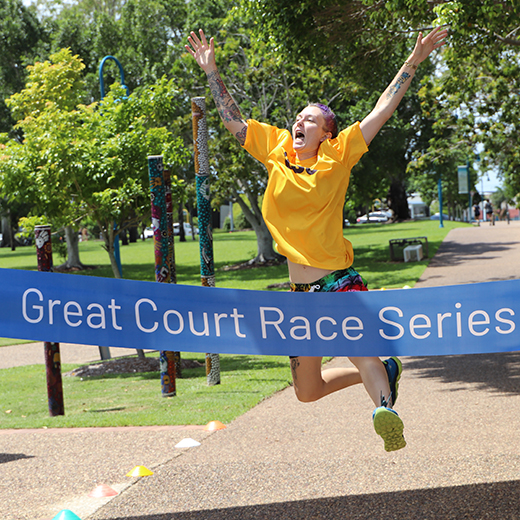 Winner Brooke Wood celebrates as she crosses the finish line in the inaugural USC Fraser Coast Great Court Race