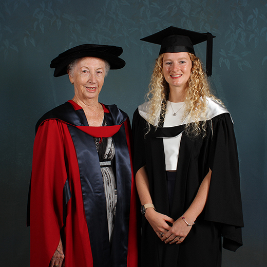 Philanthropist Laurie Cowled, left, with 2018 graduate Sally Watson. Photo Reed Graduation Services