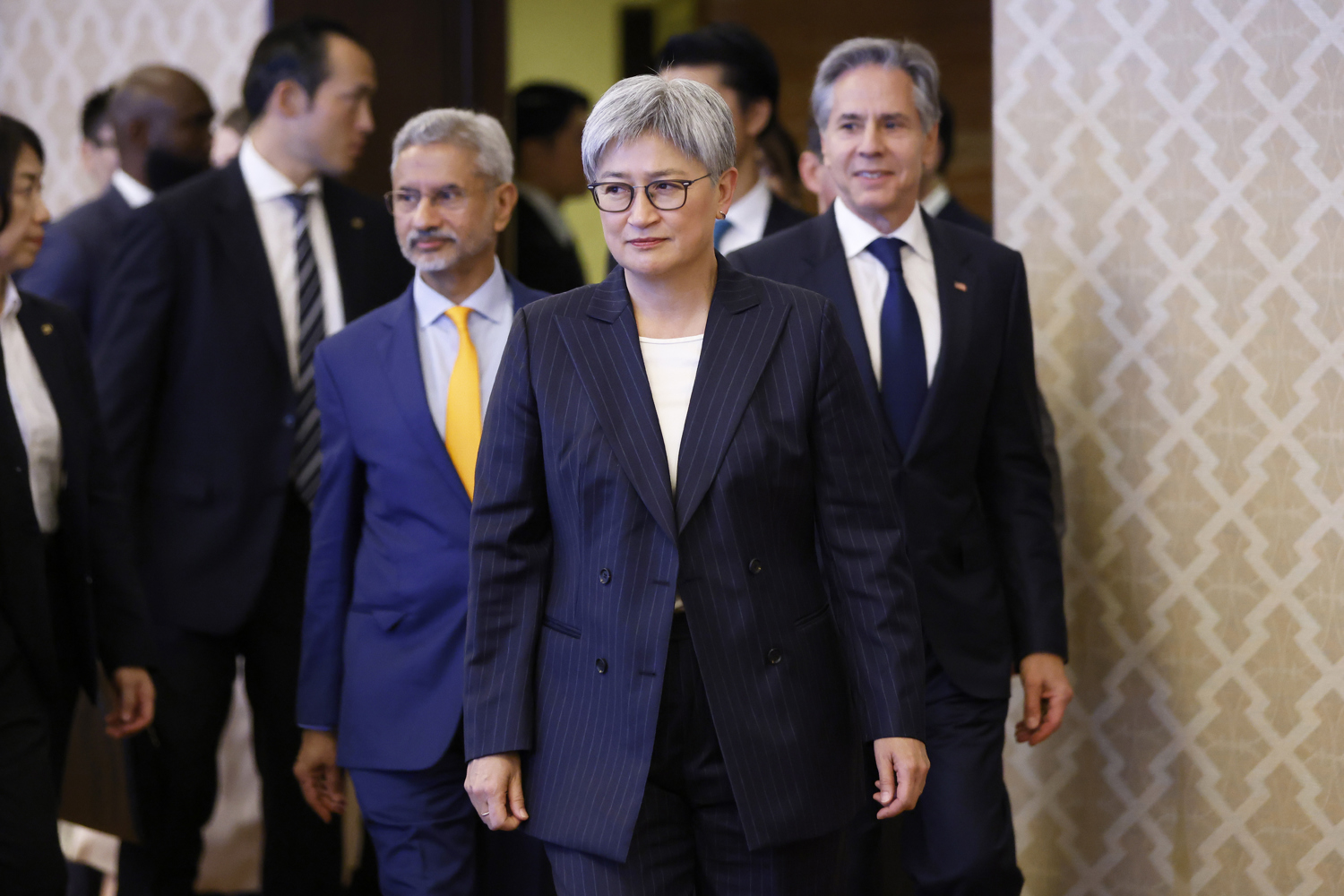 Australian Foreign Affairs Minister Penny Wong With Indian External Affairs Minister Subrahmanyam Jaishankar And US Secretary Of State Antony Blinken are walking at the Quad Security Dialogue