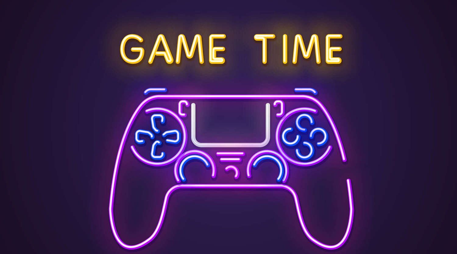 neon game controller with words 'game time'